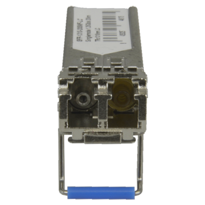 Módulo transceptor óptico SFP metálico com conector azul e etiqueta visível