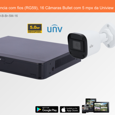 Sistema de videovigilância com gravador preto e câmera bullet branca da Uniview