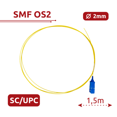 Cabo de fibra óptica amarelo com conetor azul SC/UPC