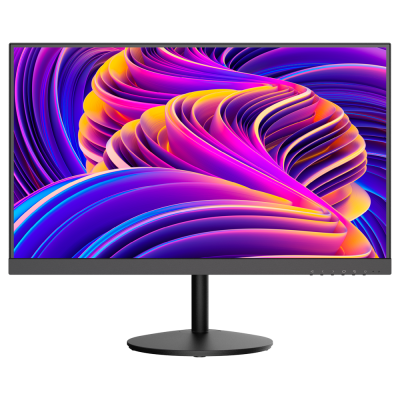 Monitor de computador com ecrã plano e base redonda mostrando imagem abstrata colorida