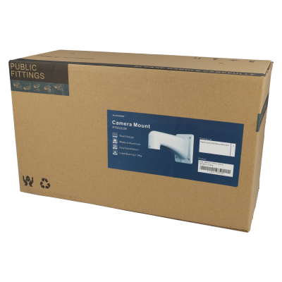 Caixa de suporte para câmara branca em embalagem de cartão castanho com etiqueta azul e texto em inglês