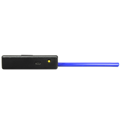 Isqueiro eletrônico preto com botão amarelo e chama azul