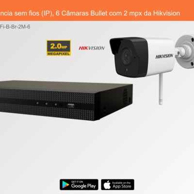 Sistema de videovigilância com 6 câmaras Bullet brancas e equipamento preto da marca HIKVISION