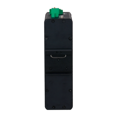 Dispositivo eletrónico preto com conector verde e parafusos visíveis