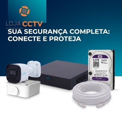 Kit de segurança CCTV com câmara, disco rígido, caixa e cabo de rede sobre fundo azul e branco com texto promocional