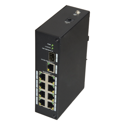Interruptor de rede preto com portas Ethernet e fibra ótica