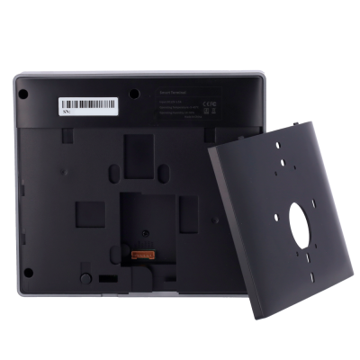 Parte traseira de terminal inteligente preto com suporte removido e etiqueta de código de barras