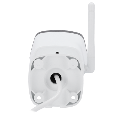 câmara de vigilância branca com antena e cabo