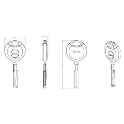 Desenho técnico da chave iLOQ com medidas e vista de vários ângulos
