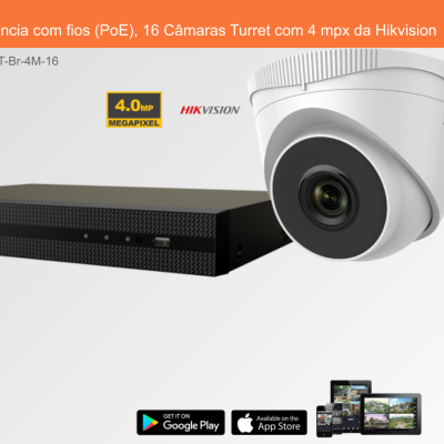 Sistema de videovigilância com câmara Turret branca e gravador digital preto da Hikvision