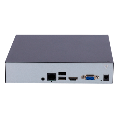 Dispositivo eletrónico cinzento com portas Ethernet, USB, HDMI, VGA e de alimentação na traseira