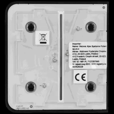 Painel traseiro cinza de dispositivo eletrónico com etiqueta importador Ajax Systems e selo CE