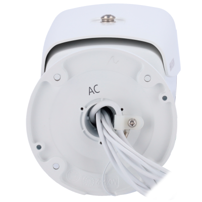 Parte inferior de câmara de segurança branca com cabos e texto AC