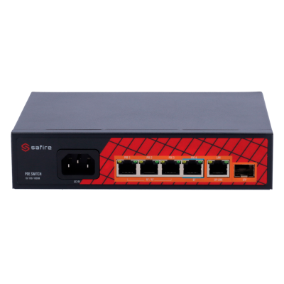 Dispositivo Safire PoE Switch preto e vermelho com portas Ethernet e entrada AC
