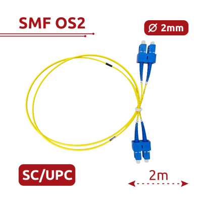 Cabo de fibra ótica amarelo com conectores azuis duplos SC/UPC