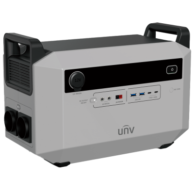 Gerador portátil cinzento com vários tipos de tomadas e botões