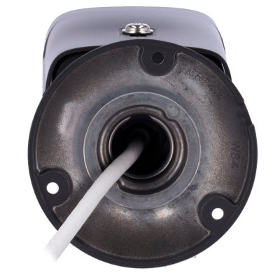 Componente metálico cilíndrico escuro com cabo branco numa entrada central