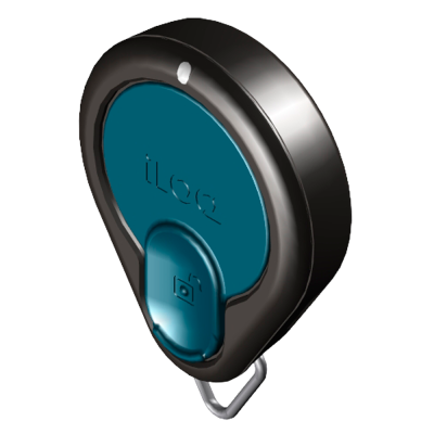 Dispositivo iLOQ preto e azul com texto e ícone de câmera, suporte metálico