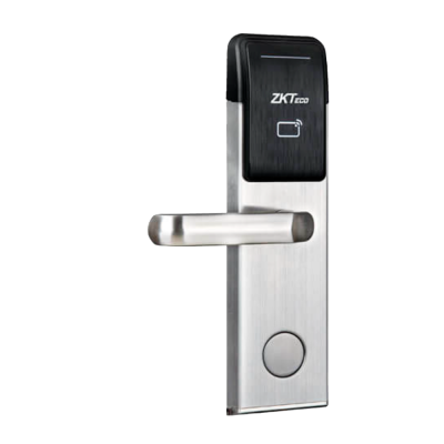 Fechadura eletrónica ZKTeco preta e prateada com símbolo de cartão