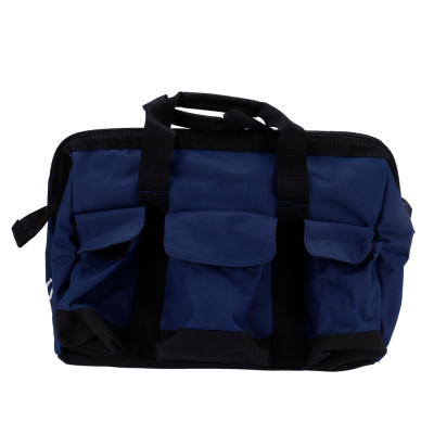 Mala de ferramenta azul escuro com bolsos frontais e alças pretas