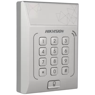Teclado numérico de controlo de acesso cinzento com botões e logótipo HIKVISION