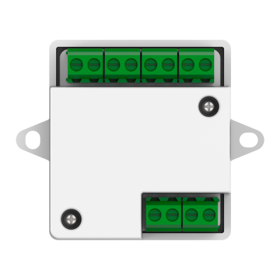 Caixa eletrónica branca com bornes verdes e abas metálicas laterais