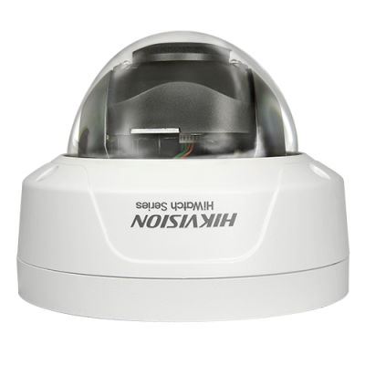 Câmara de segurança dome branca com cúpula transparente e texto HIKVISION HiWatch series