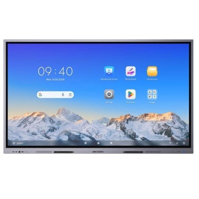 Monitor digital plano com ecrã tátil e ícones de aplicações num ecrã azul