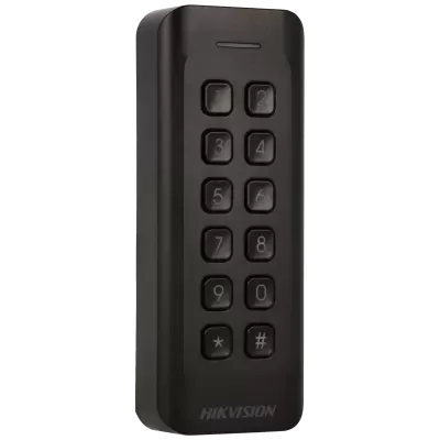 Teclado de segurança preto com botões numerados e símbolos da marca HIKVISION