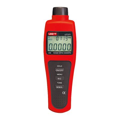 Medidor digital vermelho e preto com ecrã LCD e botões de controlo.