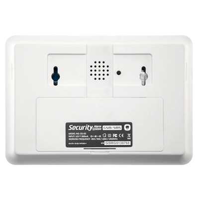 Painel traseiro branco de alarme de segurança com etiqueta preta e texto