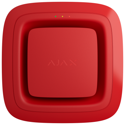 Dispositivo quadrado vermelho com texto AJAX e indicadores LED