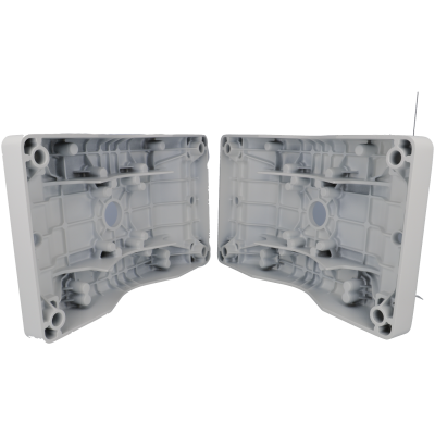 Duas peças brancas de plástico angular vistas pelo interior