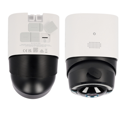 Câmara de vigilância 4G LTE Cam S330 branca com lente preta e compartimentos para cartão SIM e SD