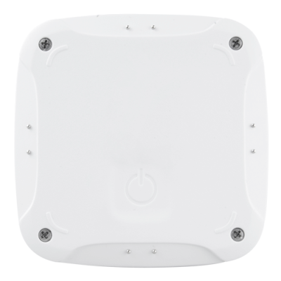 Dispositivo quadrado branco com símbolo de power no centro