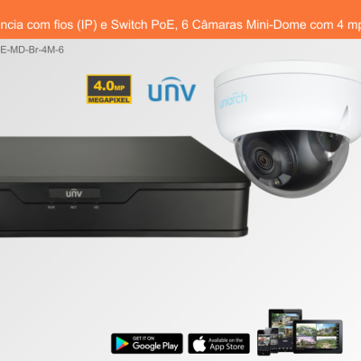 Sistema de videovigilância com 6 câmaras Mini-Dome e equipamento Uniview em preto e branco