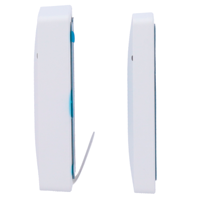 Dois dispositivos eletrónicos retangulares brancos com detalhes azuis vistos de lado