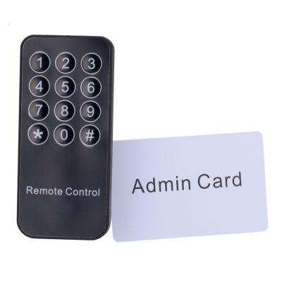 Controle remoto preto com botões e cartão branco Admin Card