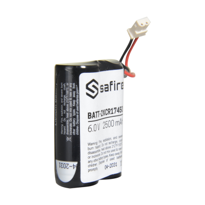 Bateria recarregável Safire preta com etiqueta branca e conector branco com fios