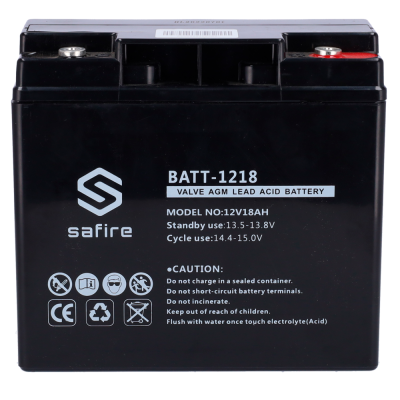 Bateria selada Safire BATT-1218 preta com texto e símbolos de segurança