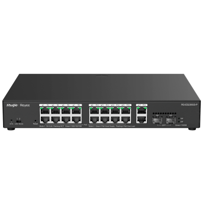 Switch de rede Ruijie Reyee RG-SG2220GS-P preto com portas Ethernet e SFP