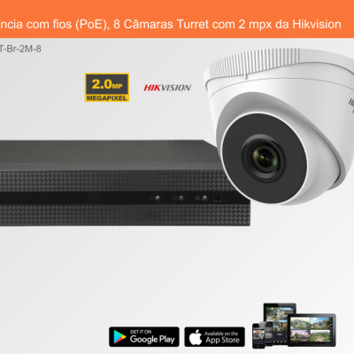 Sistema de videovigilância com gravador preto e câmara Turret branca da Hikvision