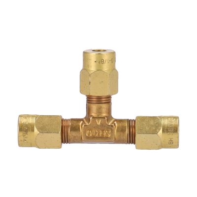 Conector em T de metal cobreado com porcas hexagonais douradas