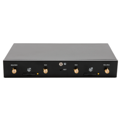 Dispositivo eletrónico preto com quatro conectores dourados e leitores de cartão SIM