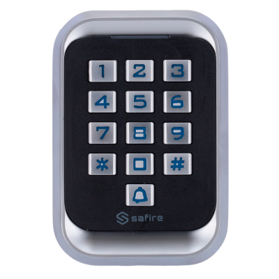 Teclado numérico preto com botões prateados e números azuis