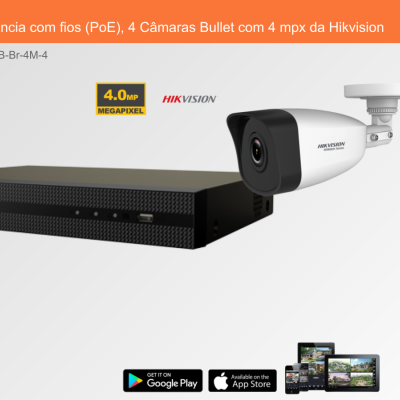 Sistema de videovigilância Hikvision com gravador preto e câmara bullet branca em fundo cinzento