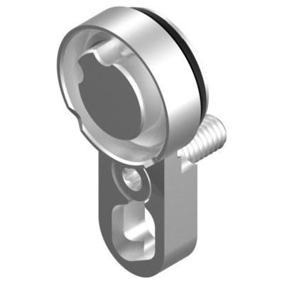 Peça metálica prateada cilíndrica com rosca e entalhe de encaixe