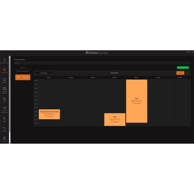 Interface de software CactusSignage com programação semanal e menu lateral