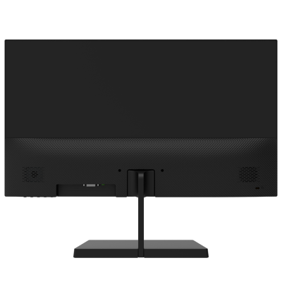 Monitor preto visto de trás com base metálica e colunas embutidas.