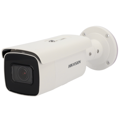 Câmara de vigilância branca HIKVISION com lente preta e suporte circular.